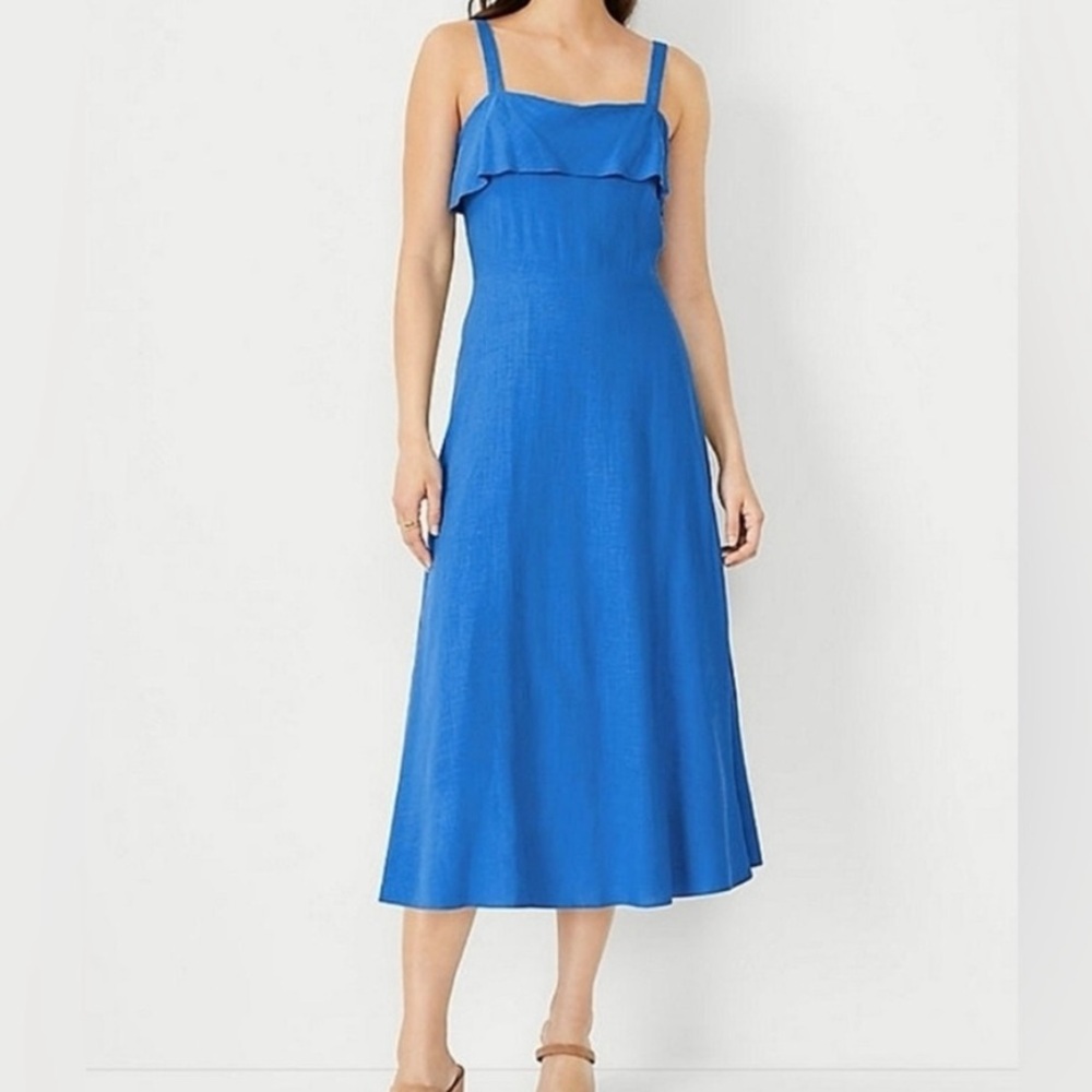 ANN TAYLOR Women’s Midi Dress Linen Blend Blue Size 8 NWOT